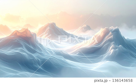 複数の透明シルク山形が重なり上方にオレンジの朝光が差す豊かなアブストラクト 136143658