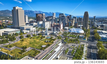 Aerial Salt Lake City Downtown Skyline Tabernacle and Mountains 136143693