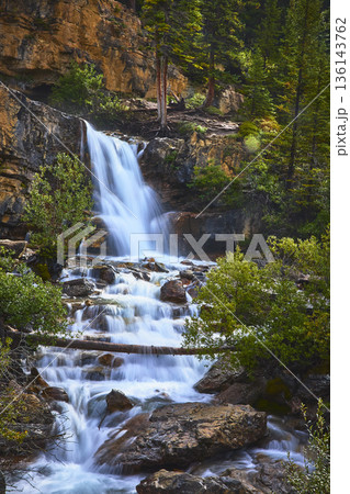 Tangle Falls Waterfall Flowing Over Rocky Ledges Surrounded by Lush Evergreen Forest 136143762