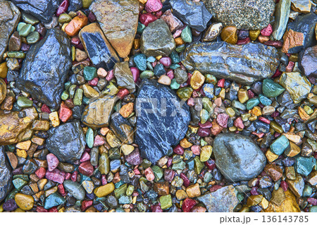 Colorful Lake Rocks Texture Close Up Natural Variety and Detail Colorful Lake Rocks Texture Close Up Natural Variety and Detail 136143785