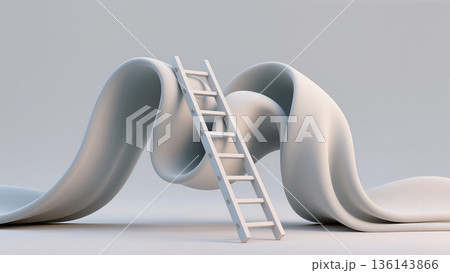 Soft abstract wave and ladder installation in pastel space, surreal sculpture 136143866