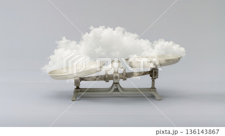 Surreal cloud scale minimal balance concept on soft gray background 136143867