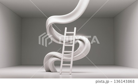 Surreal white ribbon spiraling ladder in gray room, minimal 3d art Surreal white ribbon spiraling ladder in gray room, minimal 3d art 136143868