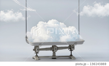 Suspended weighing pan filled with soft clouds, floating surreal dream 136143869