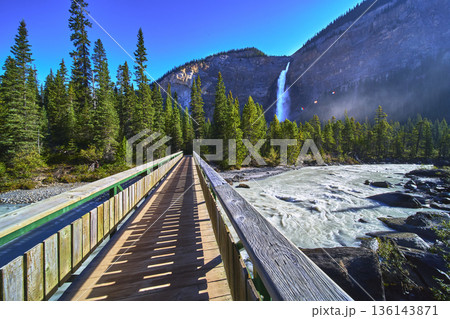 Wooden Bridge and River Leading to Takakkaw Falls with Mountain Forest Scenery 136143871