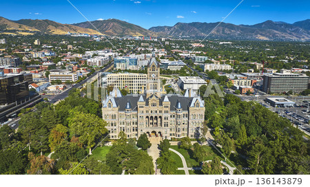 Aerial County Building Downtown Salt Lake City Wasatch Mountains Urban Landscape Aerial County Building Downtown Salt Lake City Wasatch Mountains Urban Landscape 136143879