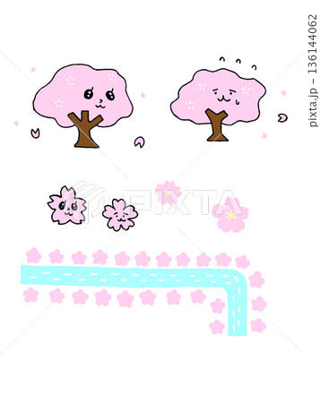 かわいい手描きの桜イラスト、アイコンセット 136144062