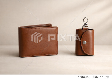 ブラウンレザーの財布とキーケースのミニマル構成 136144066