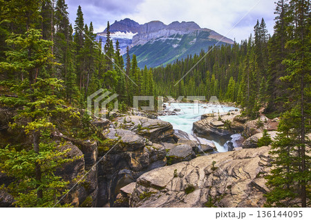 Mistaya Canyon River Flowing Through Evergreen Forests and Mountains Mistaya Canyon River Flowing Through Evergreen Forests and Mountains 136144095