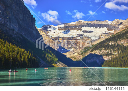 Lake Louise Glacier Mountain and Canoes on Turquoise Water in Banff National Park Lake Louise Glacier Mountain and Canoes on Turquoise Water in Banff National Park 136144113