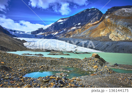 Athabasca Glacier Turquoise Meltwater Pools and Rocky Mountain Landscape Athabasca Glacier Turquoise Meltwater Pools and Rocky Mountain Landscape 136144175