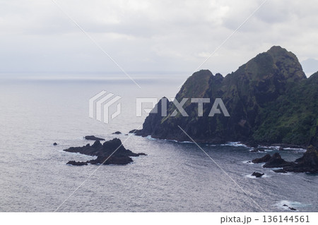 Overcast sky over rugged cliffs and volcanic rock formations in the deep blue ocean. 136144561