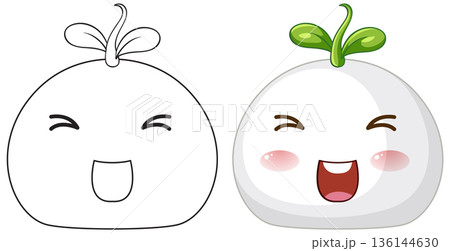 Happy White Bun Character with Green Sprout in Color and Outline 136144630