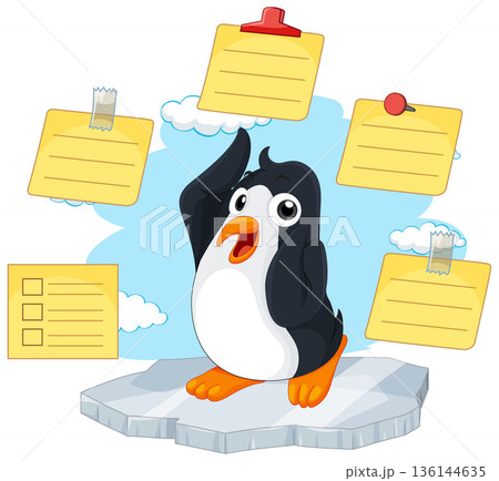 Confused Cartoon Penguin Standing on Ice Surrounded by Yellow Sticky Notes Confused Cartoon Penguin Standing on Ice Surrounded by Yellow Sticky Notes 136144635