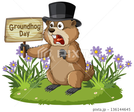 Groundhog Wearing Top Hat Holding Groundhog Day Sign Outdoors 136144645