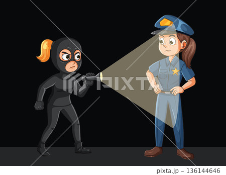 Female Robber Confronts Police Officer With Flashlight at Night 136144646