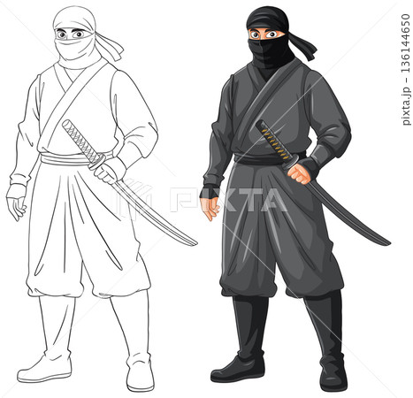 Japanese Ninja Warrior Character in Color and Line Art Style 136144650