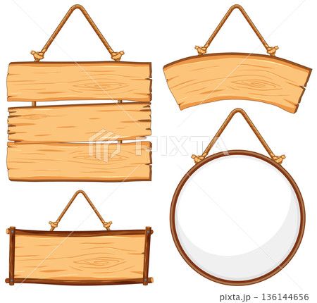 Set of Hanging Wooden Signs in Vector Illustration 136144656