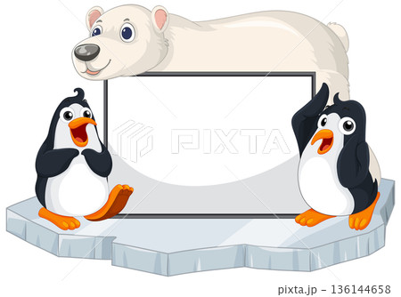 Cartoon Polar Bear and Penguins with Blank White Signboard on Ice 136144658