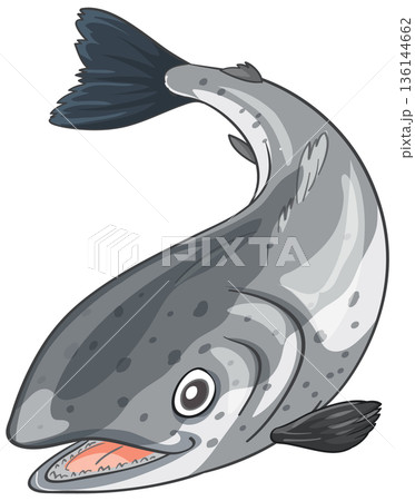 Cartoon Salmon Vector Illustration Jumping with Curved Body and Open Mouth 136144662