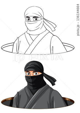 Ninja Character Emerging from a Hole in Color and Line Art Ninja Character Emerging from a Hole in Color and Line Art 136144664