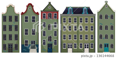 Row of Historic Green Townhouses with Ornate Facades 136144668