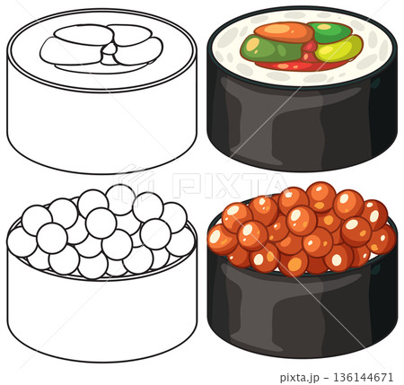 Sushi Roll and Salmon Roe Gunkan Maki Vector Illustration Set Sushi Roll and Salmon Roe Gunkan Maki Vector Illustration Set 136144671