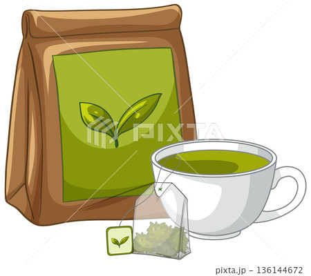 Green Tea Cup with Paper Bag and Tea Bag Illustration 136144672