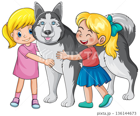 Two Young Girls Smiling and Hugging a Large Siberian Husky Dog 136144673