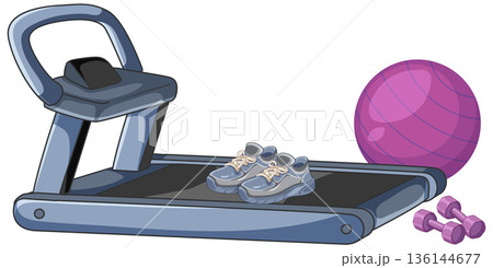 Vector Illustration of Treadmill with Running Shoes and Fitness Equipment 136144677