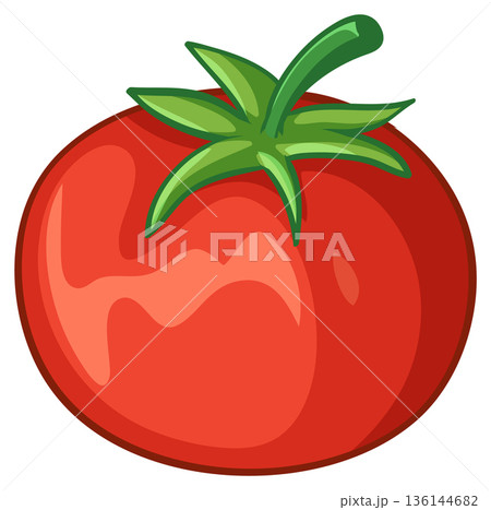 Fresh Red Tomato Vector Illustration with Green Stem and Leaves 136144682