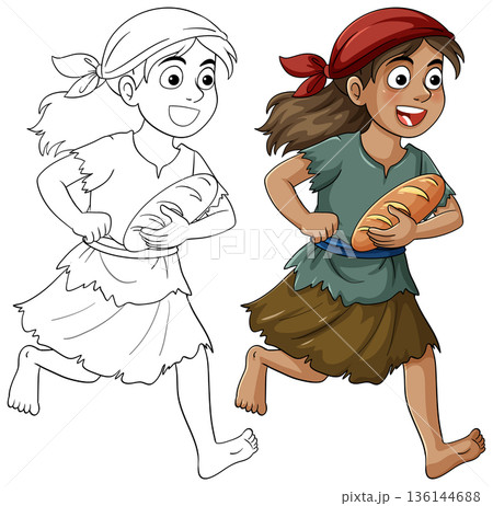 Young Girl Running With Stolen Bread Loaf Young Girl Running With Stolen Bread Loaf 136144688