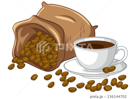 Vector Illustration of Coffee Beans Spilling from Sack Next to Cup Vector Illustration of Coffee Beans Spilling from Sack Next to Cup 136144702