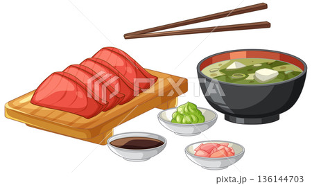 Japanese Sashimi Set with Miso Soup and Traditional Condiments 136144703
