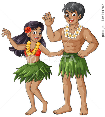 Hawaiian Dancers in Traditional Grass Skirts and Flower Leis Hawaiian Dancers in Traditional Grass Skirts and Flower Leis 136144707