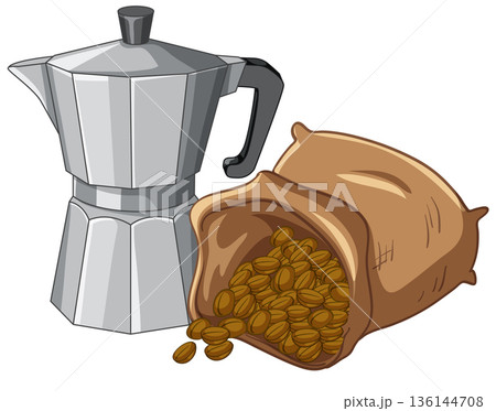 Moka Pot and Burlap Sack Spilling Roasted Coffee Beans Vector Illustration 136144708