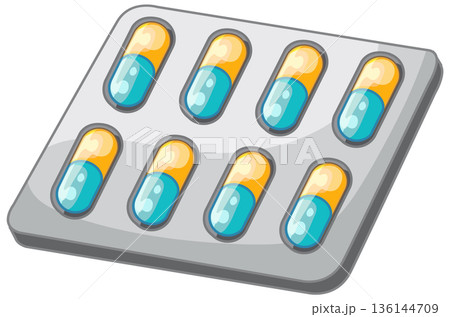 Vector Illustration of Blue and Yellow Medical Capsules in Blister Pack 136144709