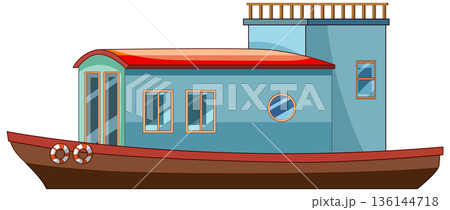 Modern Houseboat with Upper Deck and Large Windows 136144718