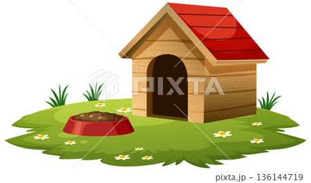 Wooden Doghouse with Food Bowl on Grassy Lawn Wooden Doghouse with Food Bowl on Grassy Lawn 136144719