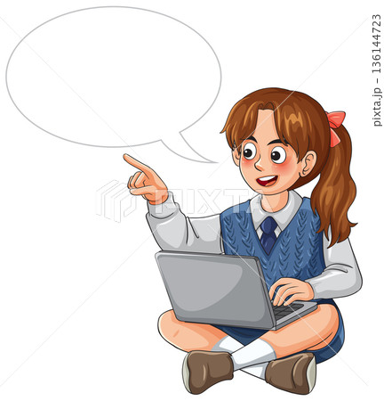 Student in school uniform using laptop and pointing to empty speech bubble Student in school uniform using laptop and pointing to empty speech bubble 136144723
