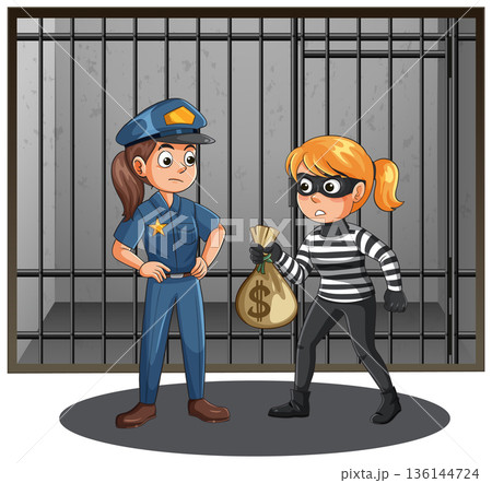 Police Officer Confronts Female Thief Holding Stolen Money Bag 136144724