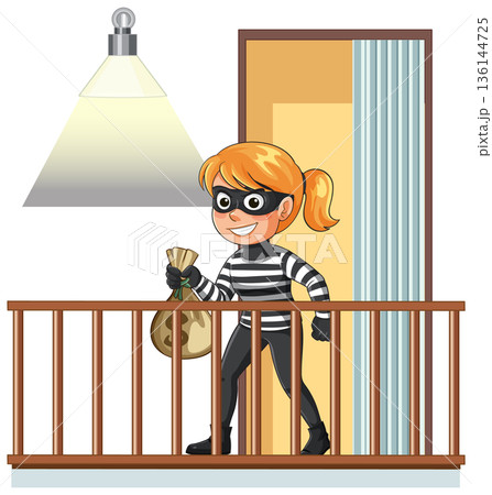 Female Burglar Carrying Money Bag on Balcony at Night 136144725