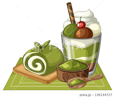 Matcha Green Tea Dessert Set with Roll Cake and Parfait Matcha Green Tea Dessert Set with Roll Cake and Parfait 136144727