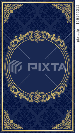 高級感のあるネイビーと金色の縦長飾り枠背景　ダマスク柄のメニュー表やスマホ壁紙素材 136145013
