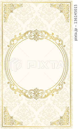 高級感のある金色の飾り枠とベージュの縦長背景 ダマスク柄のメニュー表や席次表素材 高級感のある金色の飾り枠とベージュの縦長背景 ダマスク柄のメニュー表や席次表素材 136145015