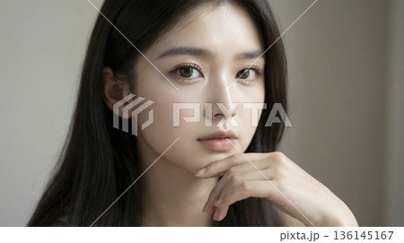 顎に手を添えて真剣な眼差しでこちらを見つめる美しい日本人女性 136145167