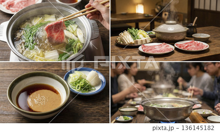 しゃぶしゃぶ鍋を楽しむ家族の食事風景と食材のコラージュ 136145182