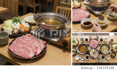 レストランのテーブルに用意されたしゃぶしゃぶセットと食事風景のコラージュ 136145186