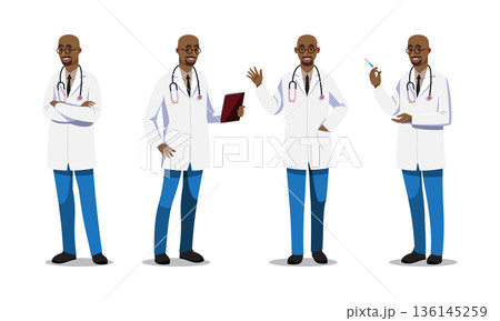 Professional African American male doctor with glasses. Realistic Flat vector set in various poses like holding tablet, syringe, and waving. Ideal for medical and healthcare design. Professional African American male doctor with glasses. Realistic Flat vector set in various poses like holding tablet, syringe, and waving. Ideal for medical and healthcare design. 136145259