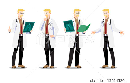 Caucasian Pulmonologist male doctor with blonde hair and beard. Flat vector set featuring lung X-ray and folder. Professional character for healthcare and respiratory health content. Caucasian Pulmonologist male doctor with blonde hair and beard. Flat vector set featuring lung X-ray and folder. Professional character for healthcare and respiratory health content. 136145264